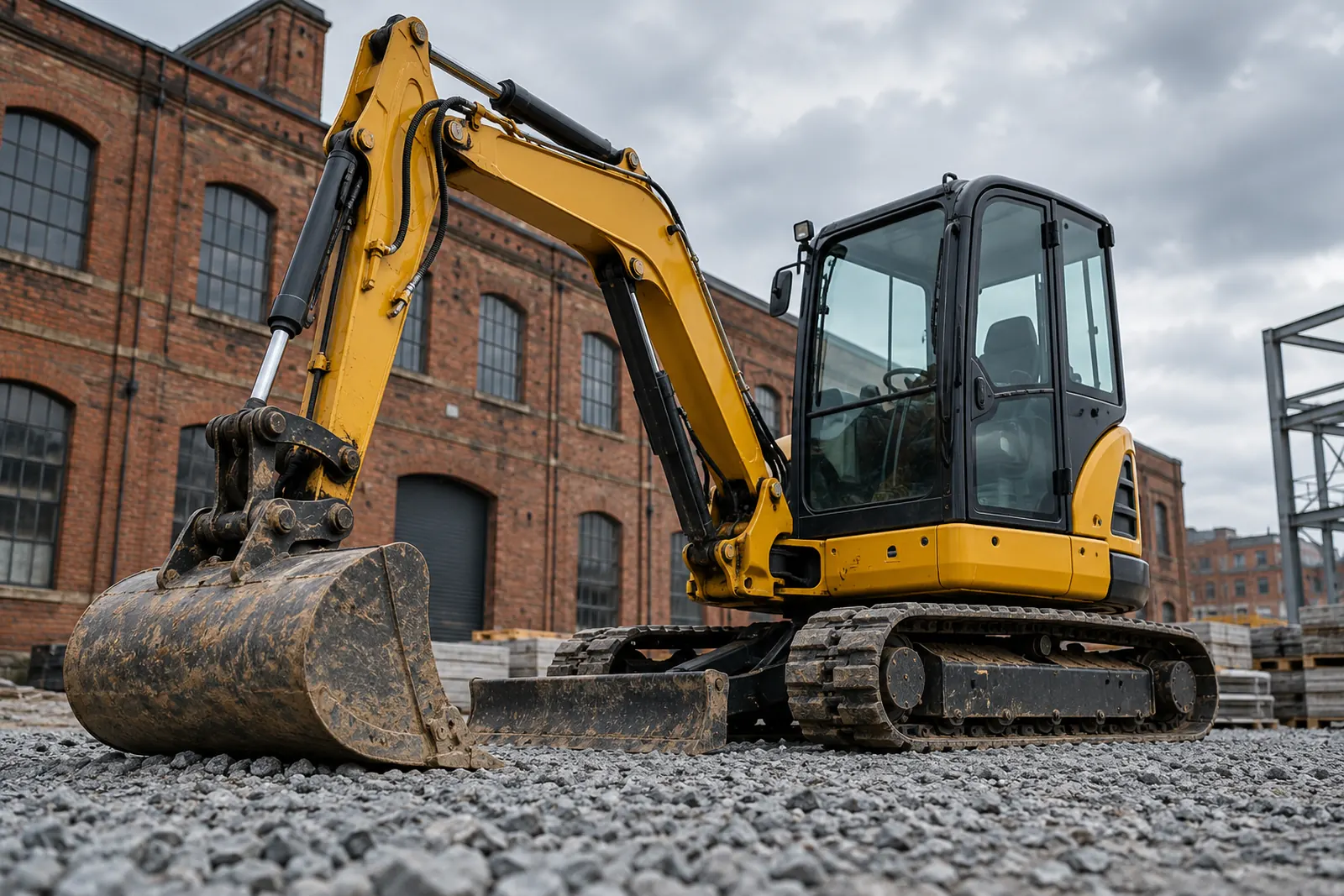 Yellow compact excavator parked on level stone at a brick commercial construction yard